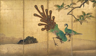 Lot 234 - UNKOKU TOKAKU: A RARE AND IMPRESSIVE PAIR OF FOUR-PANEL BYOBU (FOLDING SCREENS) DEPICTING PEACOCKS