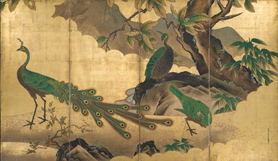 Lot 234 - UNKOKU TOKAKU: A RARE AND IMPRESSIVE PAIR OF FOUR-PANEL BYOBU (FOLDING SCREENS) DEPICTING PEACOCKS