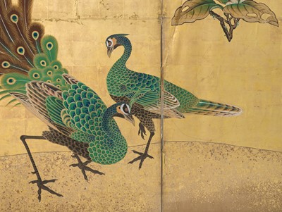 Lot 234 - UNKOKU TOKAKU: A RARE AND IMPRESSIVE PAIR OF FOUR-PANEL BYOBU (FOLDING SCREENS) DEPICTING PEACOCKS