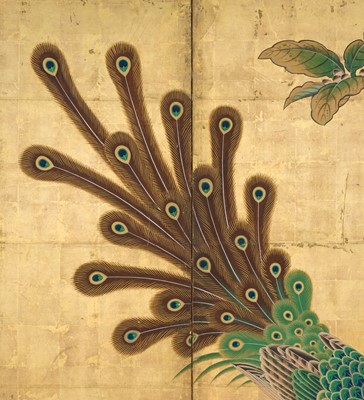 Lot 234 - UNKOKU TOKAKU: A RARE AND IMPRESSIVE PAIR OF FOUR-PANEL BYOBU (FOLDING SCREENS) DEPICTING PEACOCKS