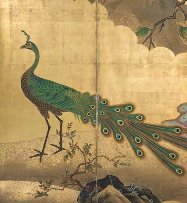 Lot 234 - UNKOKU TOKAKU: A RARE AND IMPRESSIVE PAIR OF FOUR-PANEL BYOBU (FOLDING SCREENS) DEPICTING PEACOCKS