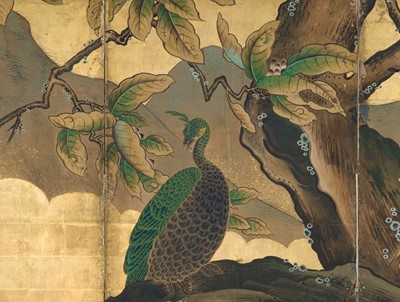 Lot 234 - UNKOKU TOKAKU: A RARE AND IMPRESSIVE PAIR OF FOUR-PANEL BYOBU (FOLDING SCREENS) DEPICTING PEACOCKS