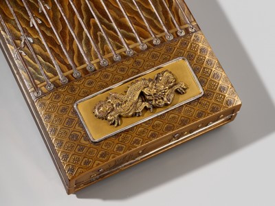 Lot 118 - A FINE LACQUER SUZURIBAKO (WRITING BOX) IN THE FORM OF A KOTO (HARP)