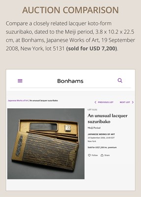 Lot 118 - A FINE LACQUER SUZURIBAKO (WRITING BOX) IN THE FORM OF A KOTO (HARP)