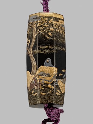 Lot 6 - TOYO: AN AMUSING AND UNUSUAL FOUR-CASE LACQUER INRO DEPICTING THIEVING MONKEYS