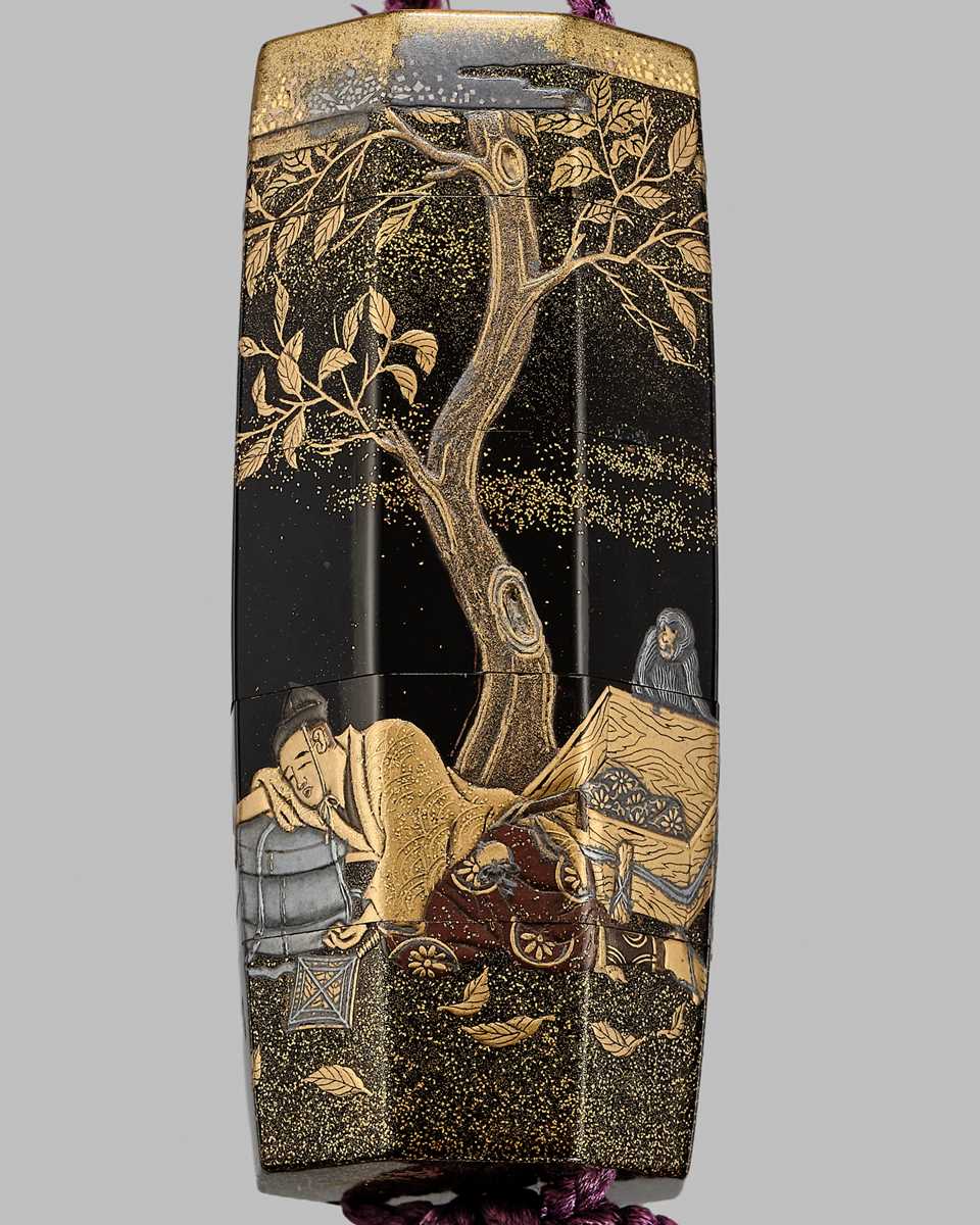 Lot 6 - TOYO: AN AMUSING AND UNUSUAL FOUR-CASE LACQUER INRO DEPICTING THIEVING MONKEYS