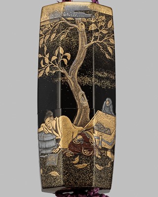 Lot 6 - TOYO: AN AMUSING AND UNUSUAL FOUR-CASE LACQUER INRO DEPICTING THIEVING MONKEYS