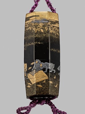 Lot 6 - TOYO: AN AMUSING AND UNUSUAL FOUR-CASE LACQUER INRO DEPICTING THIEVING MONKEYS