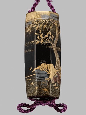 Lot 6 - TOYO: AN AMUSING AND UNUSUAL FOUR-CASE LACQUER INRO DEPICTING THIEVING MONKEYS