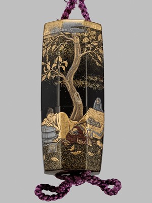 Lot 6 - TOYO: AN AMUSING AND UNUSUAL FOUR-CASE LACQUER INRO DEPICTING THIEVING MONKEYS