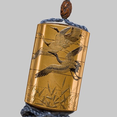 Lot 21 - KAJIKAWA: A FINE FOUR-CASE GOLD LACQUER INRO WITH CRANES AND BAMBOO