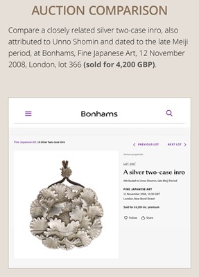 Lot 57 - A SUPERB SILVER SINGLE-CASE INRO OF A PEONY, ATTRIBUTED TO UNNO SHOMIN