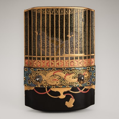 Lot 246 - JOKASAI: A FINE FOUR-CASE LACQUER INRO WITH QUAILS IN A CAGE