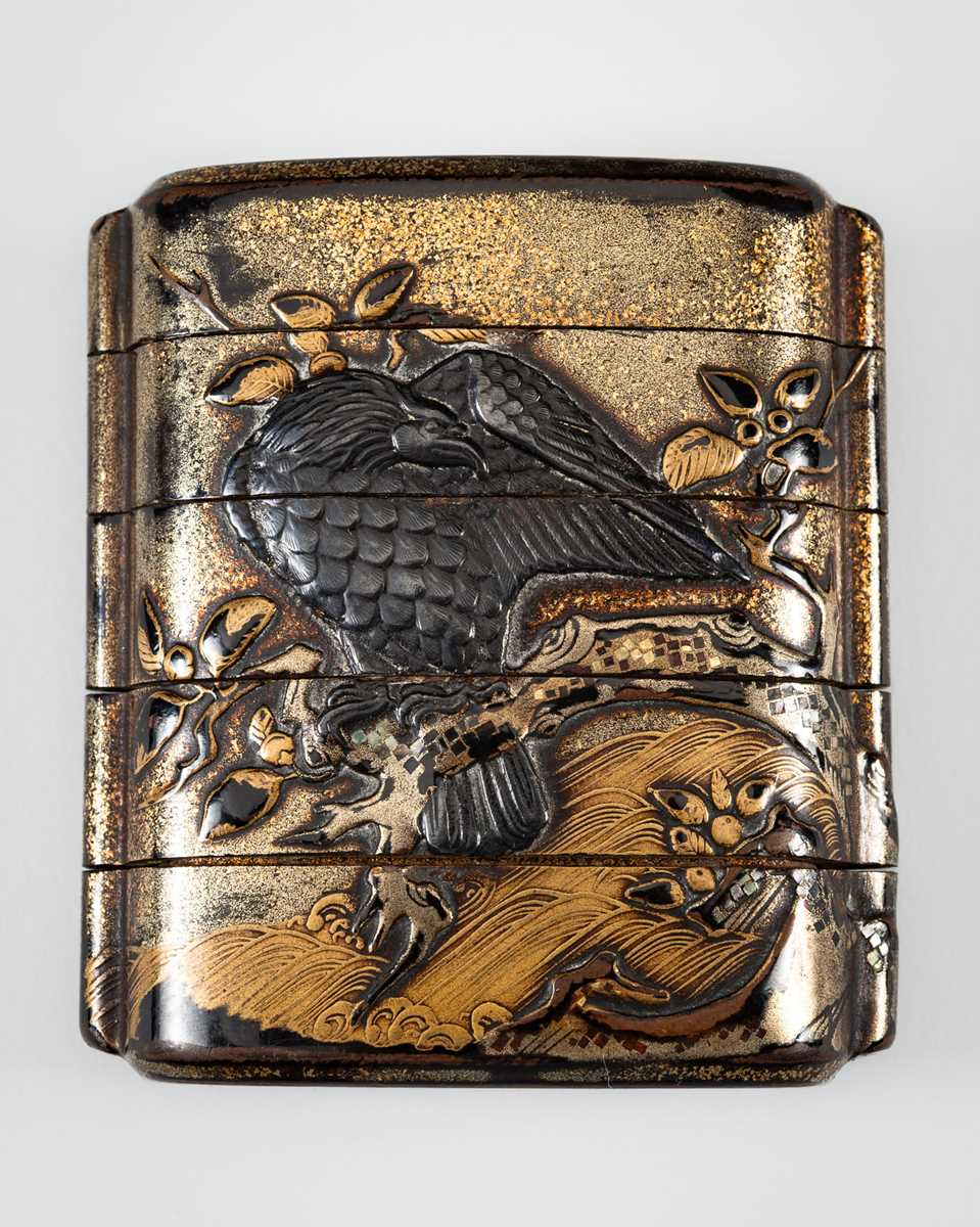 Lot 245 - AN INLAID FOUR-CASE LACQUER INRO DEPICTING TWO EAGLES