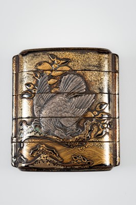 Lot 245 - AN INLAID FOUR-CASE LACQUER INRO DEPICTING TWO EAGLES