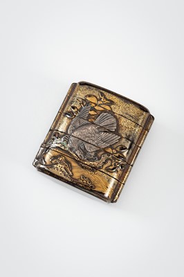 Lot 245 - AN INLAID FOUR-CASE LACQUER INRO DEPICTING TWO EAGLES