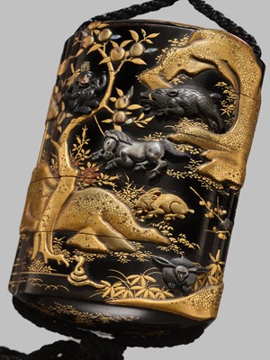 Lot 49 - A FINE METAL-INLAID FOUR-CASE INRO DEPICTING THE TWELVE ANIMALS OF THE ZODIAC (JUNISHI)