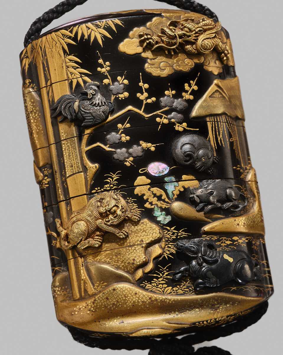 Lot 49 - A FINE METAL-INLAID FOUR-CASE INRO DEPICTING THE TWELVE ANIMALS OF THE ZODIAC (JUNISHI)