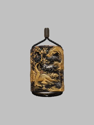 Lot 49 - A FINE METAL-INLAID FOUR-CASE INRO DEPICTING THE TWELVE ANIMALS OF THE ZODIAC (JUNISHI)