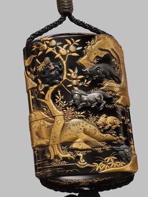 Lot 49 - A FINE METAL-INLAID FOUR-CASE INRO DEPICTING THE TWELVE ANIMALS OF THE ZODIAC (JUNISHI)