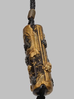 Lot 49 - A FINE METAL-INLAID FOUR-CASE INRO DEPICTING THE TWELVE ANIMALS OF THE ZODIAC (JUNISHI)