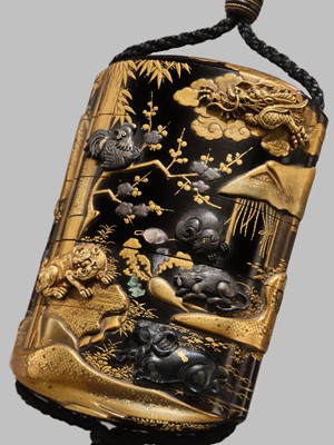 Lot 49 - A FINE METAL-INLAID FOUR-CASE INRO DEPICTING THE TWELVE ANIMALS OF THE ZODIAC (JUNISHI)