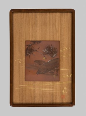 KAGAWA KATSUHIRO: A FINE WOOD AND SOFT-METAL-INLAID COPPER PANEL DEPICTING CARPS UNDER PINES