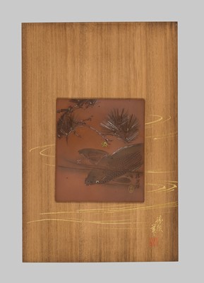 KAGAWA KATSUHIRO: A FINE WOOD AND SOFT-METAL-INLAID COPPER PANEL DEPICTING CARPS UNDER PINES