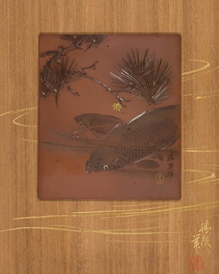 KAGAWA KATSUHIRO: A FINE WOOD AND SOFT-METAL-INLAID COPPER PANEL DEPICTING CARPS UNDER PINES