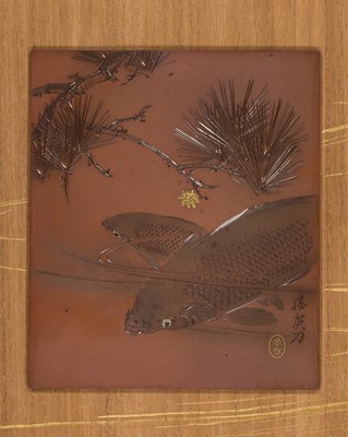 KAGAWA KATSUHIRO: A FINE WOOD AND SOFT-METAL-INLAID COPPER PANEL DEPICTING CARPS UNDER PINES