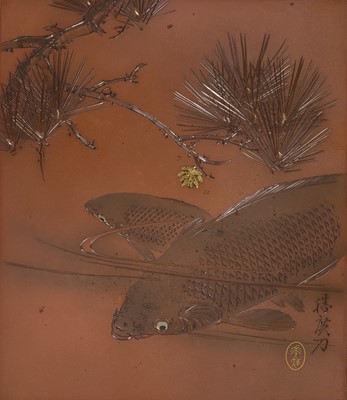 KAGAWA KATSUHIRO: A FINE WOOD AND SOFT-METAL-INLAID COPPER PANEL DEPICTING CARPS UNDER PINES