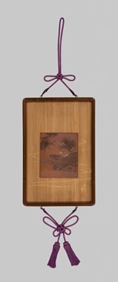 KAGAWA KATSUHIRO: A FINE WOOD AND SOFT-METAL-INLAID COPPER PANEL DEPICTING CARPS UNDER PINES