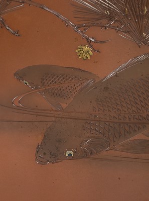 KAGAWA KATSUHIRO: A FINE WOOD AND SOFT-METAL-INLAID COPPER PANEL DEPICTING CARPS UNDER PINES