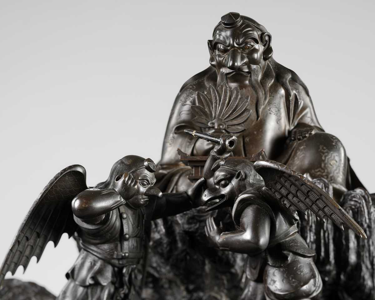 Lot 4 - HISAMICHI: A MASSIVE AND SUPERB BRONZE GROUP OF THE TENGU KING SOJOBO WATCHING OVER HIS SUBJECTS