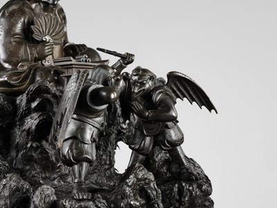 Lot 4 - HISAMICHI: A MASSIVE AND SUPERB BRONZE GROUP OF THE TENGU KING SOJOBO WATCHING OVER HIS SUBJECTS