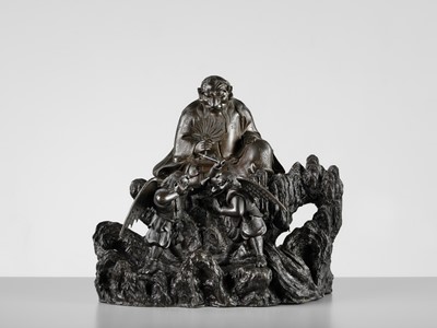 Lot 4 - HISAMICHI: A MASSIVE AND SUPERB BRONZE GROUP OF THE TENGU KING SOJOBO WATCHING OVER HIS SUBJECTS