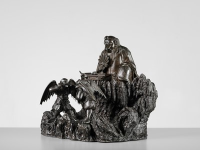 Lot 4 - HISAMICHI: A MASSIVE AND SUPERB BRONZE GROUP OF THE TENGU KING SOJOBO WATCHING OVER HIS SUBJECTS