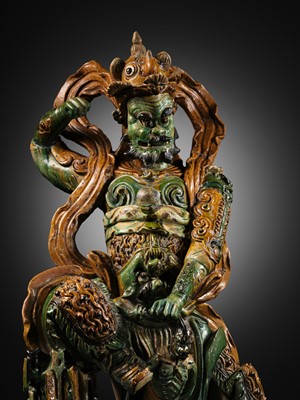 Lot 147 - A LARGE AND IMPOSING SANCAI FIGURE OF THE DAOIST GUARDIAN WANG LINGGUAN, LATE MING DYNASTY
