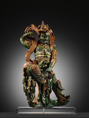 Lot 147 - A LARGE AND IMPOSING SANCAI FIGURE OF THE DAOIST GUARDIAN WANG LINGGUAN, LATE MING DYNASTY
