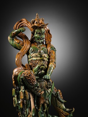 Lot 147 - A LARGE AND IMPOSING SANCAI FIGURE OF THE DAOIST GUARDIAN WANG LINGGUAN, LATE MING DYNASTY