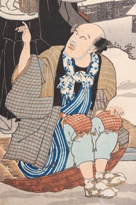 Lot 917 - UTAGAWA KUNISADA I (TOYOKUNI III): ACTOR ASAO YOROKU II AS IZUMOBO AND ACTOR ICHIKAWA KODANJI IV AS UMASHI TOROKU