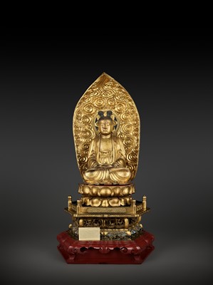 Lot 154 - A VERY LARGE AND EXCEPTIONAL LACQUER-GILT WOOD STATUE OF MIROKU BOSATSU, EARLY EDO