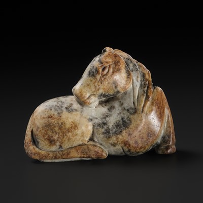 Lot 154 - A MOTTLED GRAY AND RUSSET JADE FIGURE OF A HORSE, MING DYNASTY