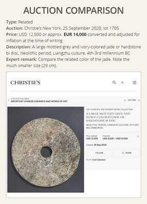 Lot 134 - A VERY LARGE MOTTLED GRAY JADE DISC, BI, LIANGZHU CULTURE