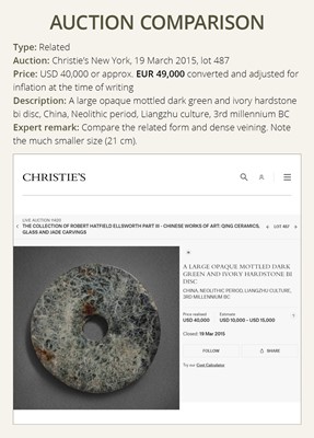 Lot 134 - A VERY LARGE MOTTLED GRAY JADE DISC, BI, LIANGZHU CULTURE