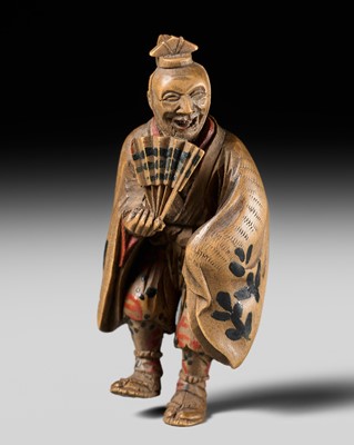 Lot 531 - KAKUHO: A RARE LACQUERED WOOD NETSUKE OF A GYOJI (SUMO REFEREE)