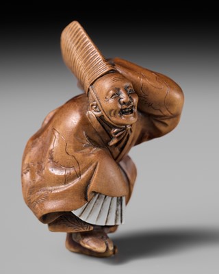 Lot 239 - HOJITSU: A FINE WOOD NETSUKE OF A SAMBASO DANCER