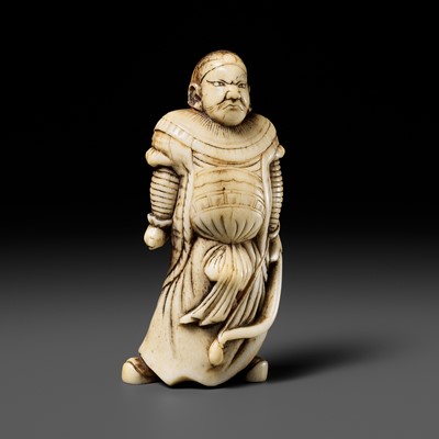 Lot 301 - A FINE ANTLER NETSUKE OF A MONGOLIAN ARCHER