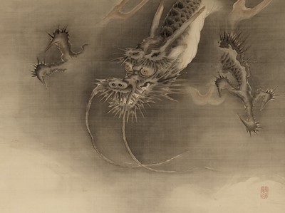 Lot 274 - TAMURA TOKEI: A LARGE AND EXCEPTIONAL SCROLL PAINTING OF A DRAGON ABOVE WAVES