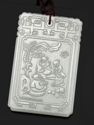 Lot 981 - A WHITE JADE ‘SCHOLARS’ PLAQUE, SIGNED ZIGANG, LATE QING DYNASTY TO REPUBLIC PERIOD